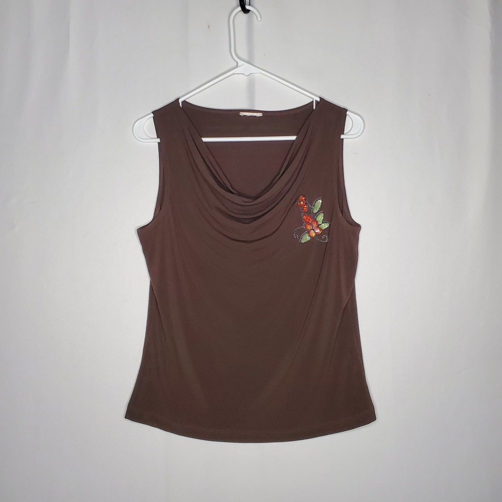 Vintage Brown Beaded Sequin Brooch Cowl Neck Top Women S/M 90s Y2K Forest Fairy